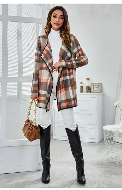 Casual Pocket Design Plaid Women Coats