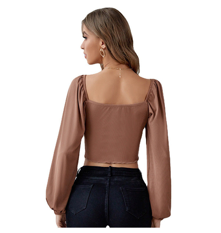 Sexy Midiriff Baring Strawing Long Sleeves Short Tops