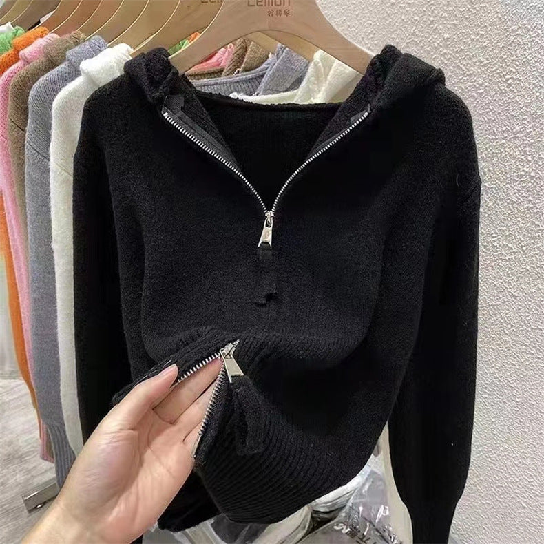 Casual Double Zippered Short Knitting Hoodies Sweaters