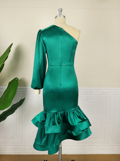 Designed One Shoulder Irregular Green Evening Party Dresses