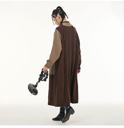Vintage Contrast Design Long Knitted Coats