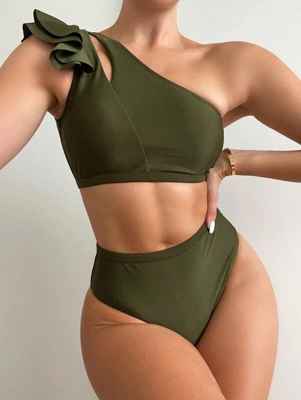 Army Green High Waist Ruffled Bikini-STYLEGOING