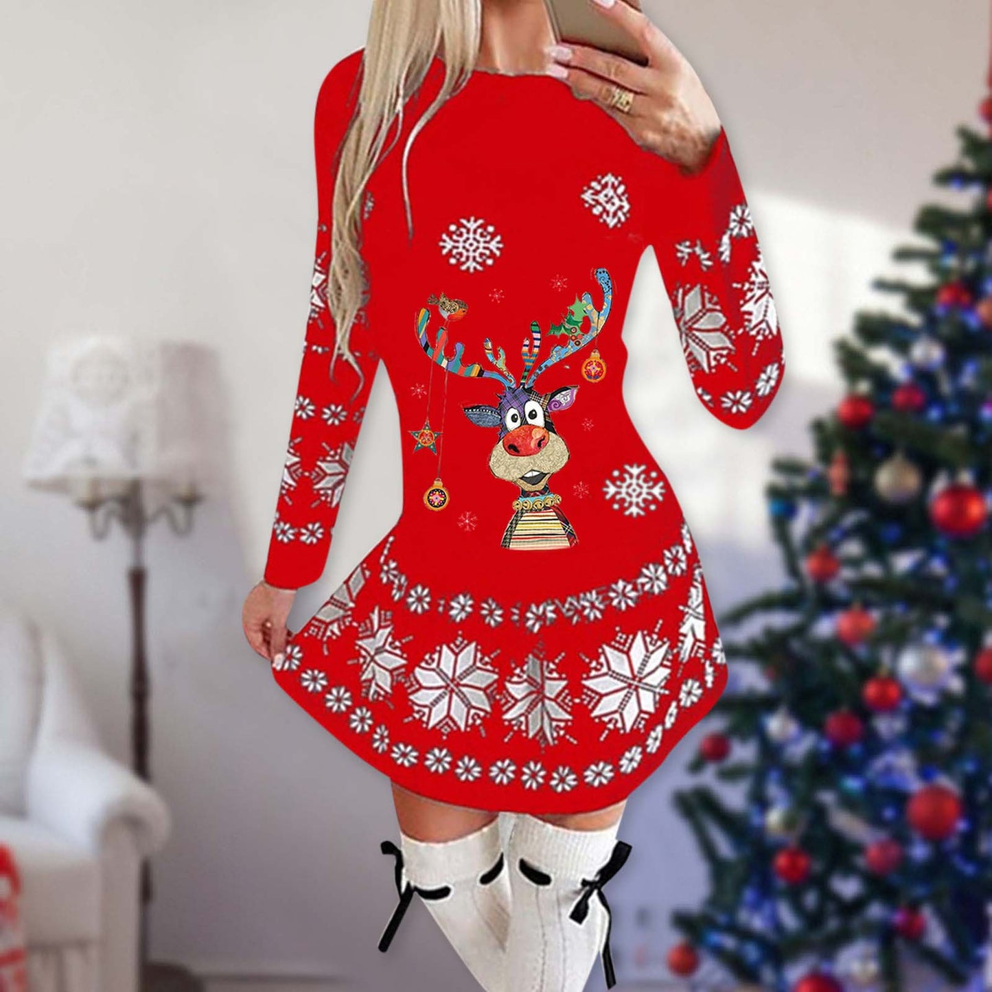 Merry Christmas Print Women Long Sleeves Dresses