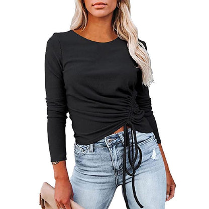 Women Drawstring Fall Long Sleeves T Shirts-STYLEGOING