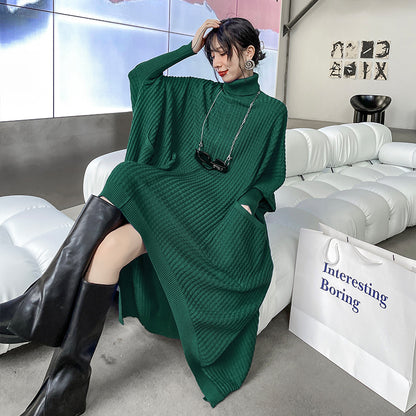 Women High Neck High Low Designed Knitted Long Cozy Dresses