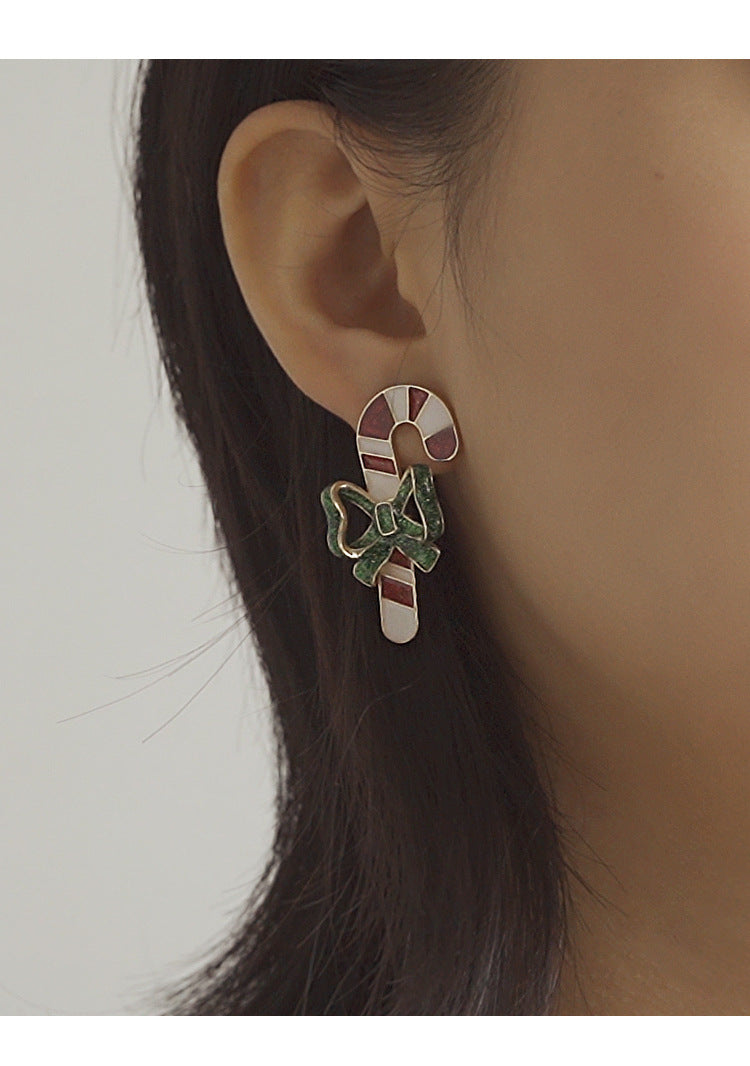 Merry Christmas Walking Stick Design Stubs Earrings