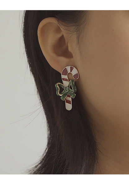 Merry Christmas Walking Stick Design Stubs Earrings