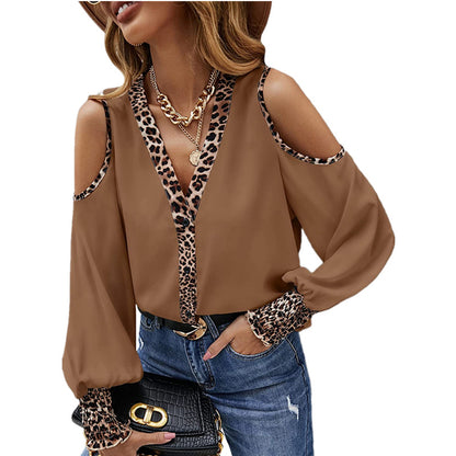 Casual Leopard V Neck Long Sleeves Women T Shirts