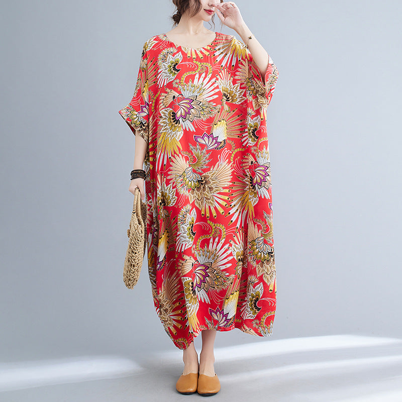 Casual Floral Print Red Plus Sizes Maxi Dresses
