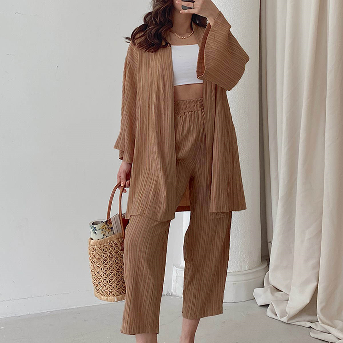 Casual Long Sleeves Tops & Wide Legs Pants Women 2Pcs Sets
