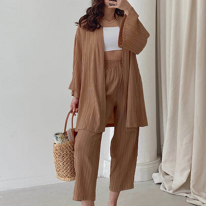 Casual Long Sleeves Tops & Wide Legs Pants Women 2Pcs Sets