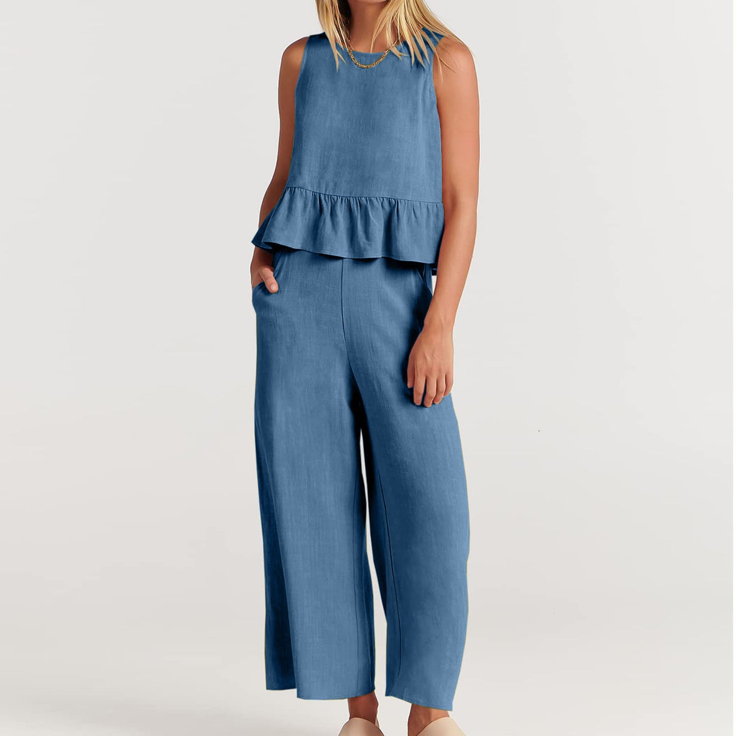 Summer Sleeveless Linen Two Pieces Women Suits