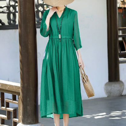 Casual Linen Half Sleeves Drawstring Long Cozy Dresses