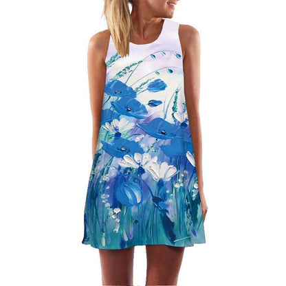 Summer 3D Floral Print Sleeveless Mini Short Dresses-STYLEGOING