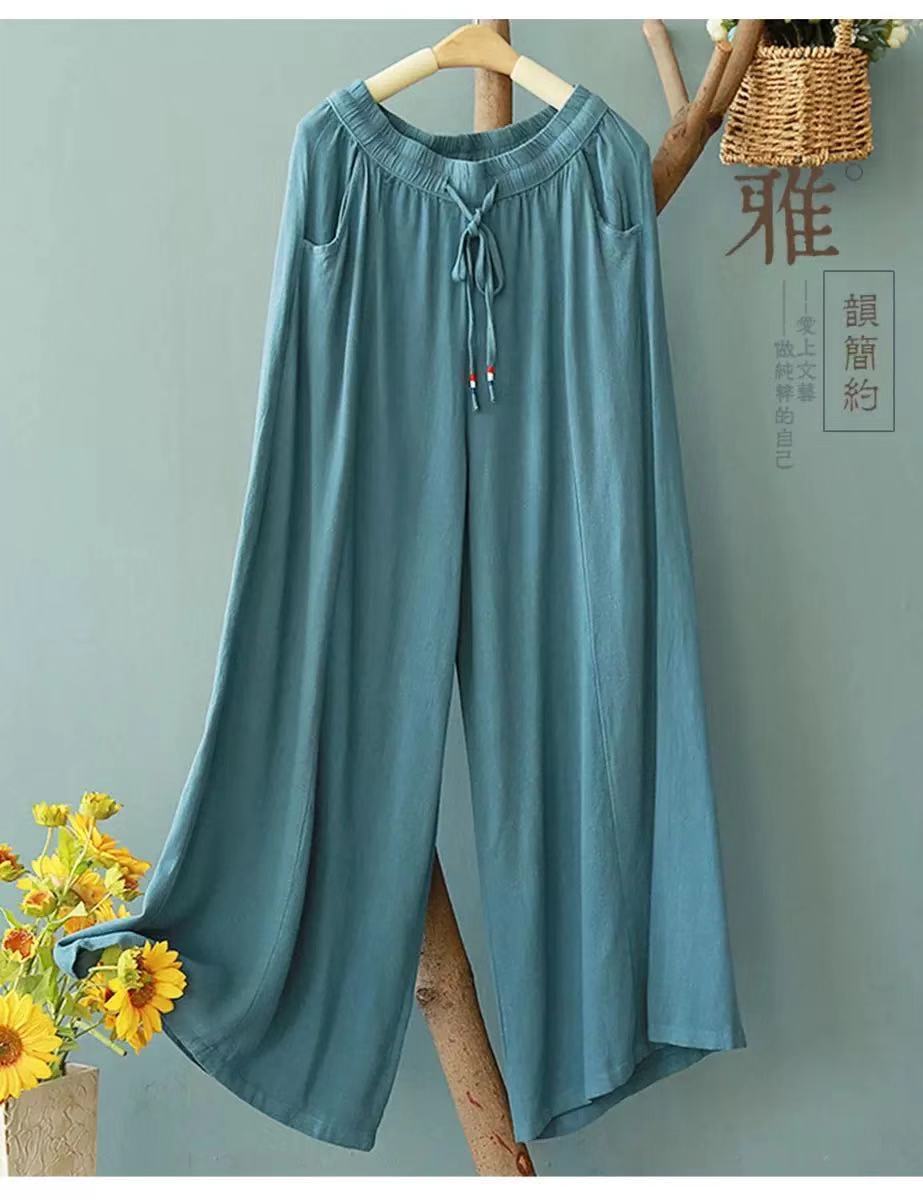 Vintage Linen Elastic Waist Summer Wide Legs Pants for Women