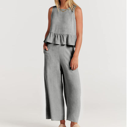 Summer Sleeveless Linen Two Pieces Women Suits