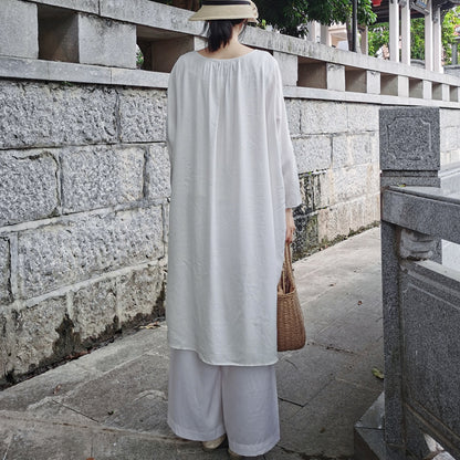 Casual White Long Sleeves Blouses and Linen Pants