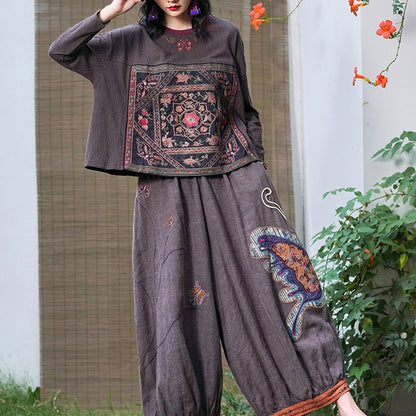 Vintage Urban Linen Embroidery T Shirts & Pants for Women