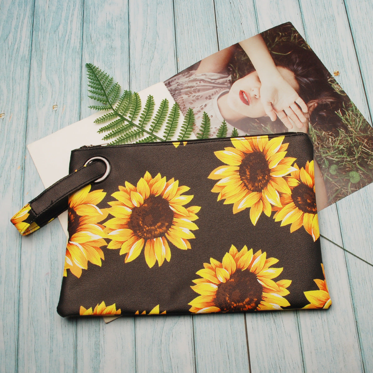 Women Sunflower Print Pu Leather Evening Clutch Bags