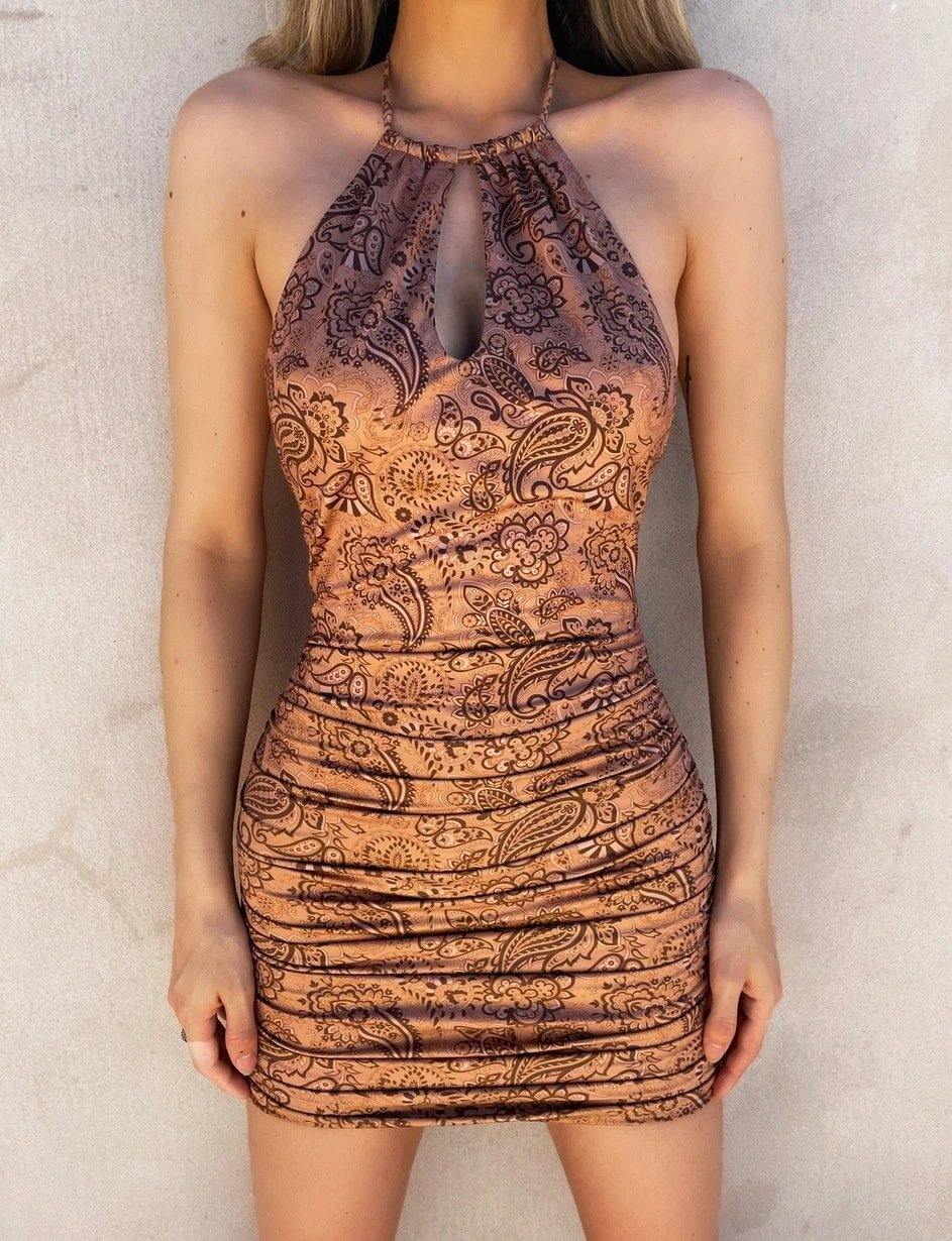 New Fashion Sexy Sleeveless Halter Print Mini Dresses-STYLEGOING