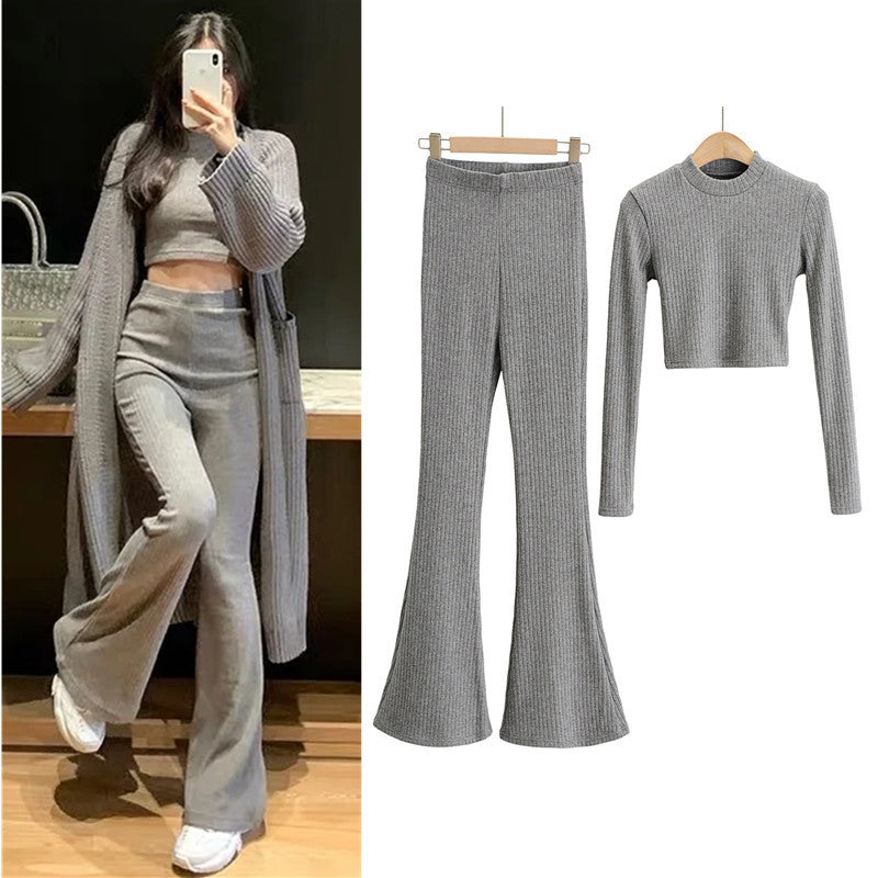 Sexy Women Knitting Midriff Baring Tops And High Waist Pants