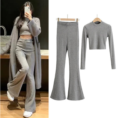 Sexy Women Knitting Midriff Baring Tops And High Waist Pants