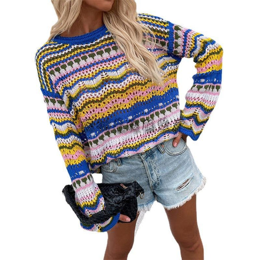 Women Knitting Rainbow Fall Sweaters-STYLEGOING