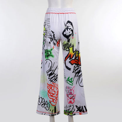 Casual Graffiti Print Wide Legs Pants for Women