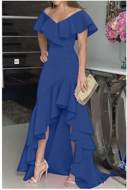 Sexy Classy V Neck Irregular Ruffled Women Long Dresses-Dark Blue-S-Free Shipping at meselling99