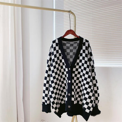 Women Chessboard Print Loose Knitting Cardigans