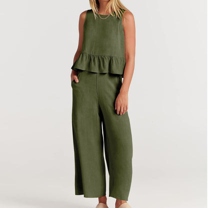 Summer Sleeveless Linen Two Pieces Women Suits