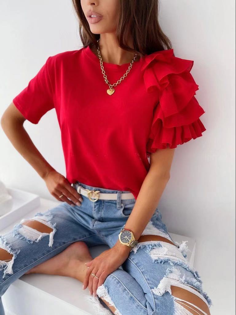Casual Ruffled Design Women Short Sleeves T Shirts