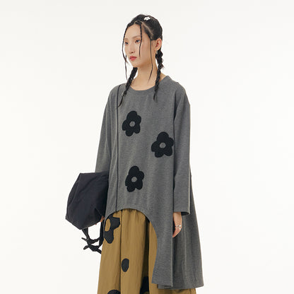 Gray Flowers Irregular Pullover Top Sweaters