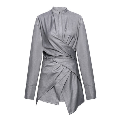Designed Stand Collar Irregular Women Long Sleeves Shirts