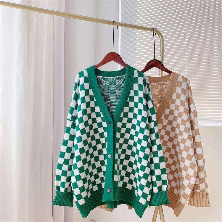 Women Chessboard Print Loose Knitting Cardigans