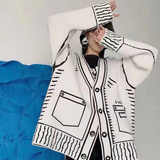 Black and White Graffiti Loose Knitted Sweater Cardigans