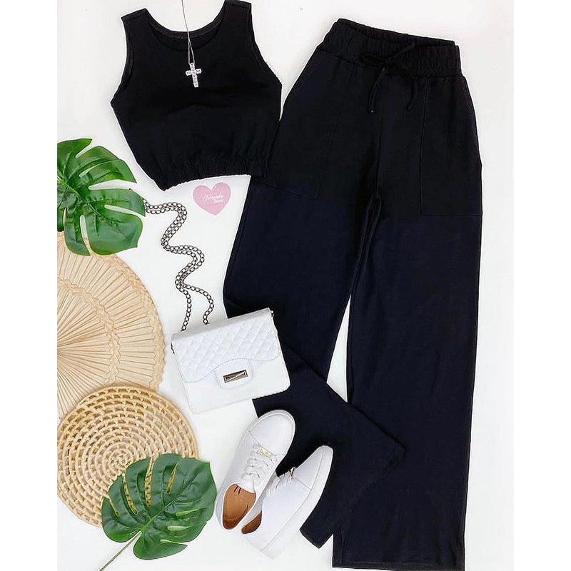 Casual Drawstring Short Tops and Wide Legs Pants