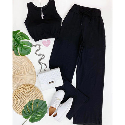 Casual Drawstring Short Tops and Wide Legs Pants
