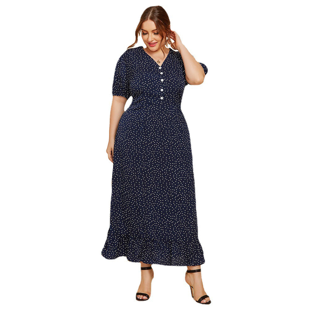Summer Dot Print  Women Short Sleeves Plus Sizes Long Dresses