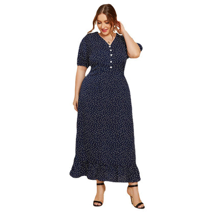 Summer Dot Print  Women Short Sleeves Plus Sizes Long Dresses