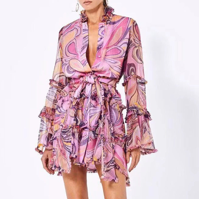 Elegant Ruffled Long Sleeves Short Dresses