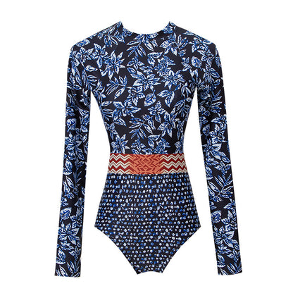 Blue Floral Print Long Sleeves Surf Wear