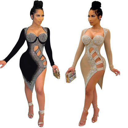 Sexy Long Sleeves Diamond Night Club Dresses-STYLEGOING