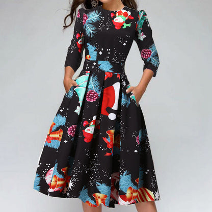 Merry Christmas Round Neck 3/4 Length Short Dresses