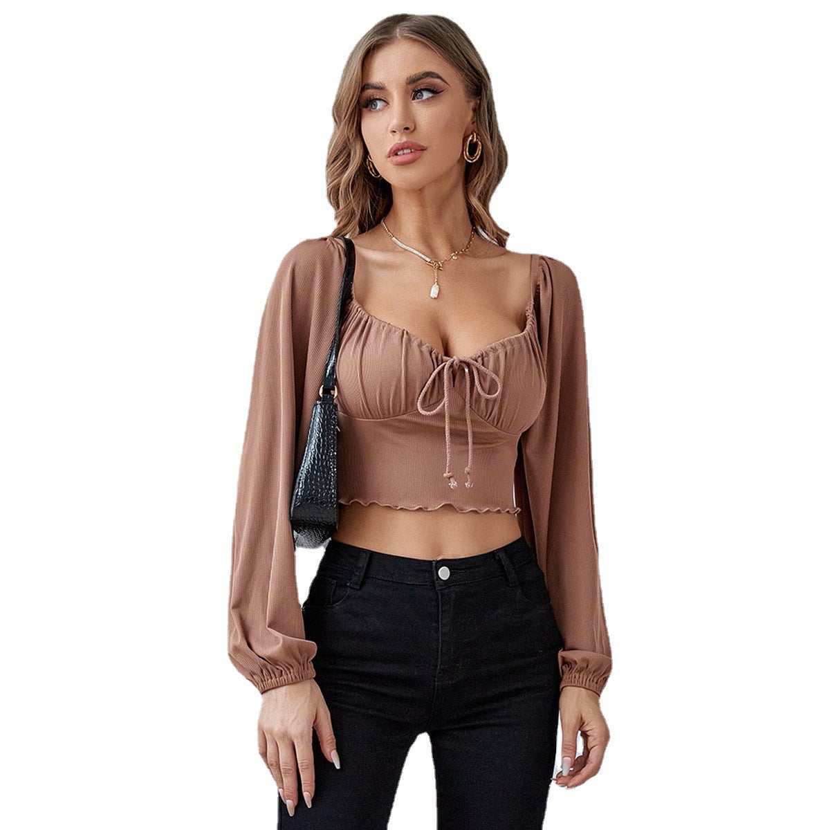 Sexy Midiriff Baring Strawing Long Sleeves Short Tops