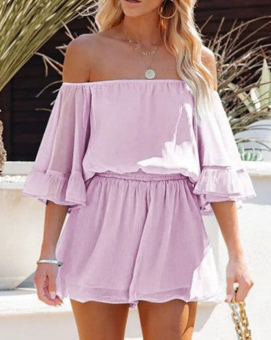 Summer Chiffon Off The Shoulder Tops & Pants Suits