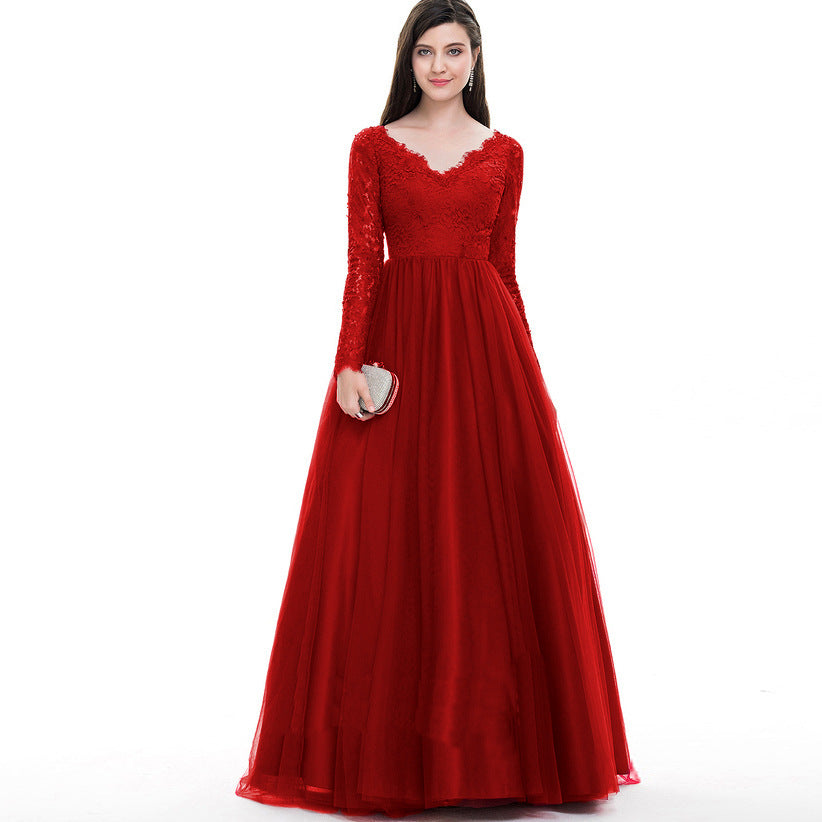 Elegant Long Sleeves Red Lace Evening Dresses