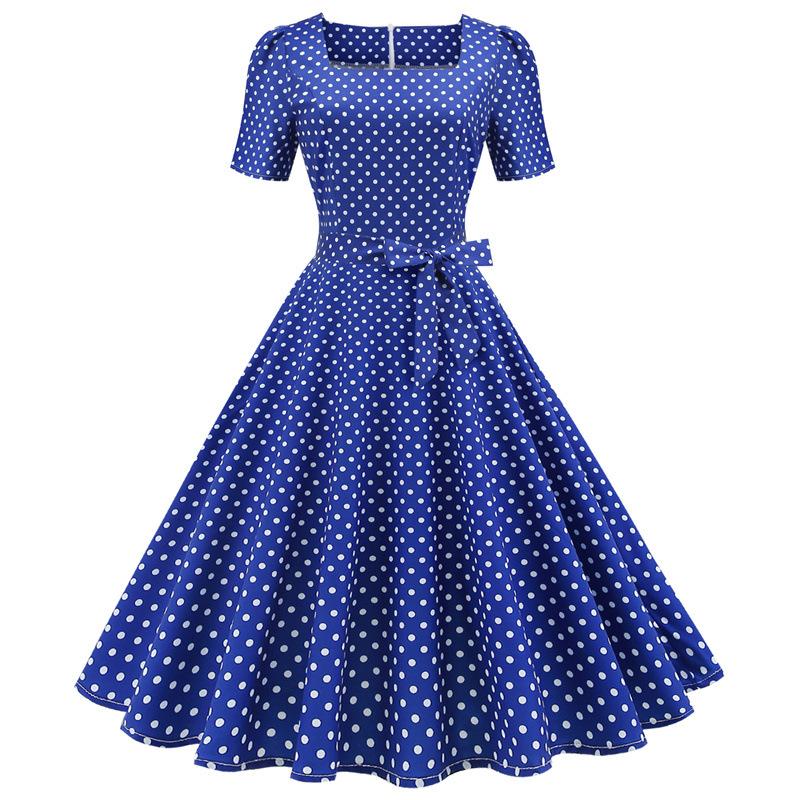 Short Sleeve Square Neckline Print Dot Dresses-STYLEGOING