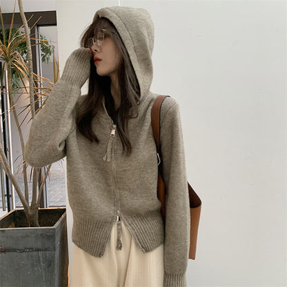 Casual Double Zippered Short Knitting Hoodies Sweaters