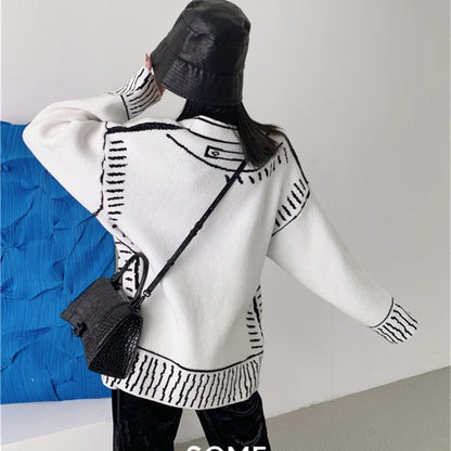 Black and White Graffiti Loose Knitted Sweater Cardigans